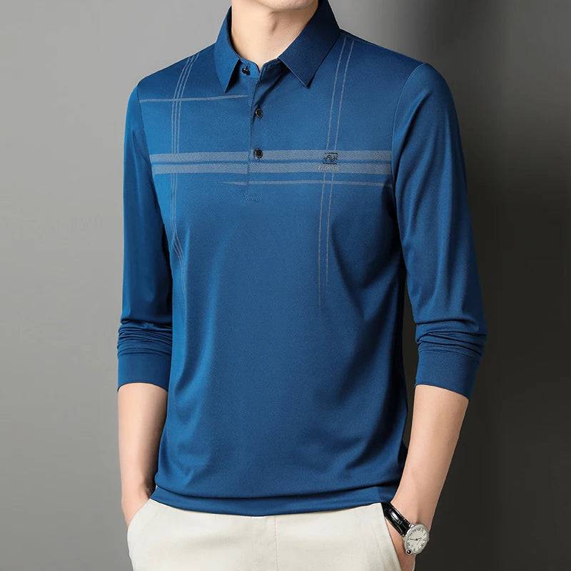 Men's Business Stripe Printed Long Sleeve Polo Shirt