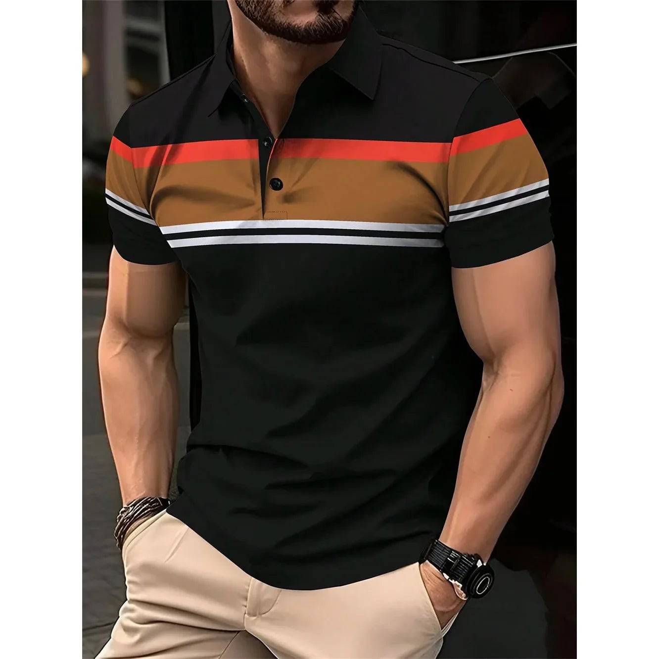 Men's Polo Shirt Striped Personality Button Lapel