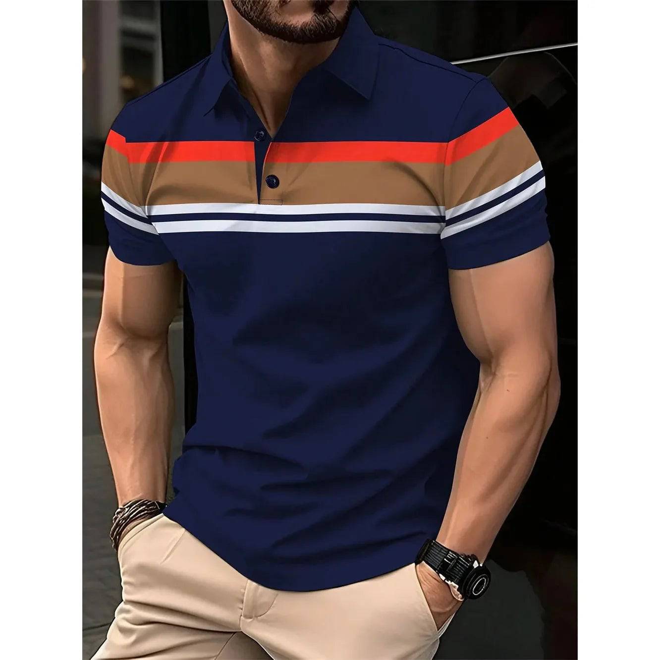 Men's Polo Shirt Striped Personality Button Lapel