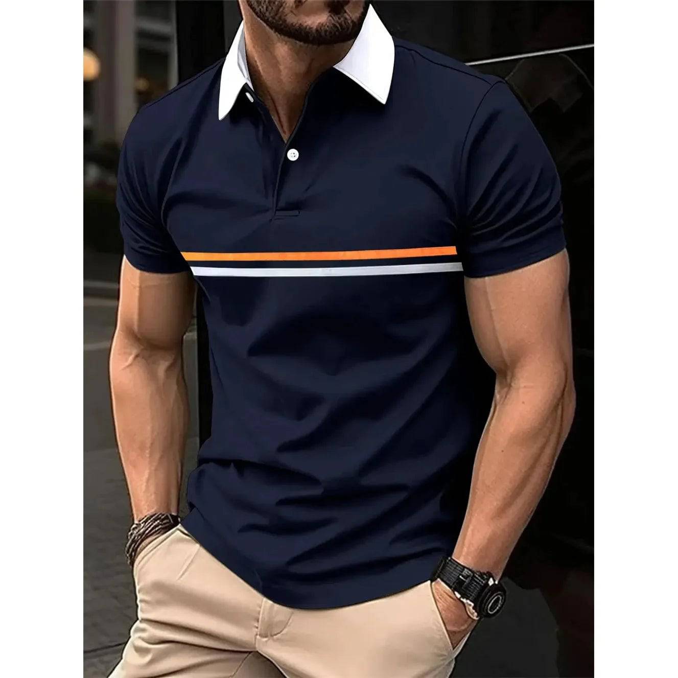 Men's Polo Shirt Striped Personality Button Lapel