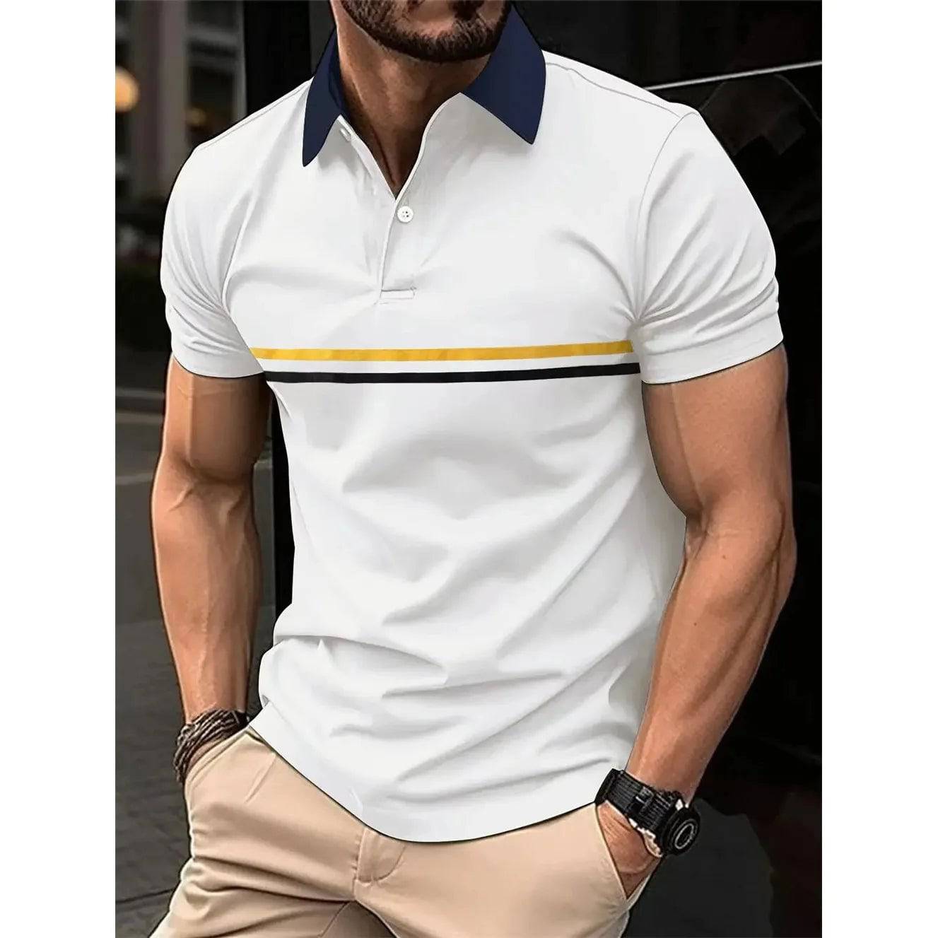 Men's Polo Shirt Striped Personality Button Lapel