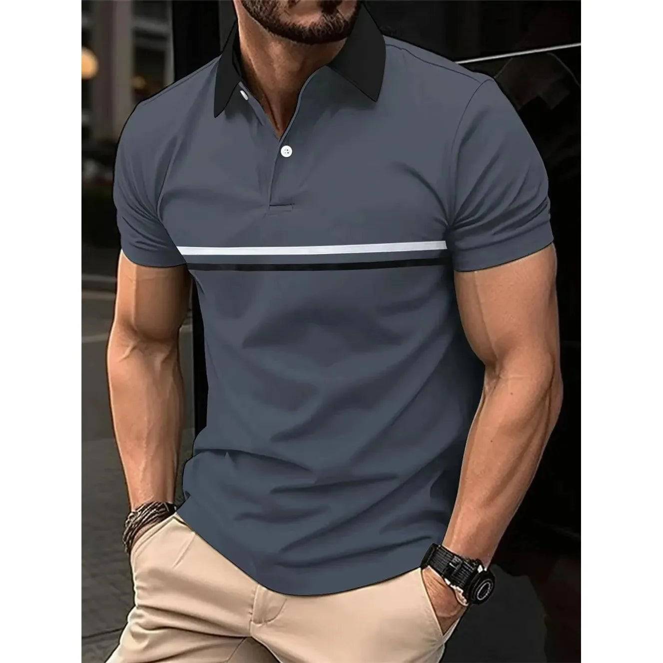 Men's Polo Shirt Striped Personality Button Lapel