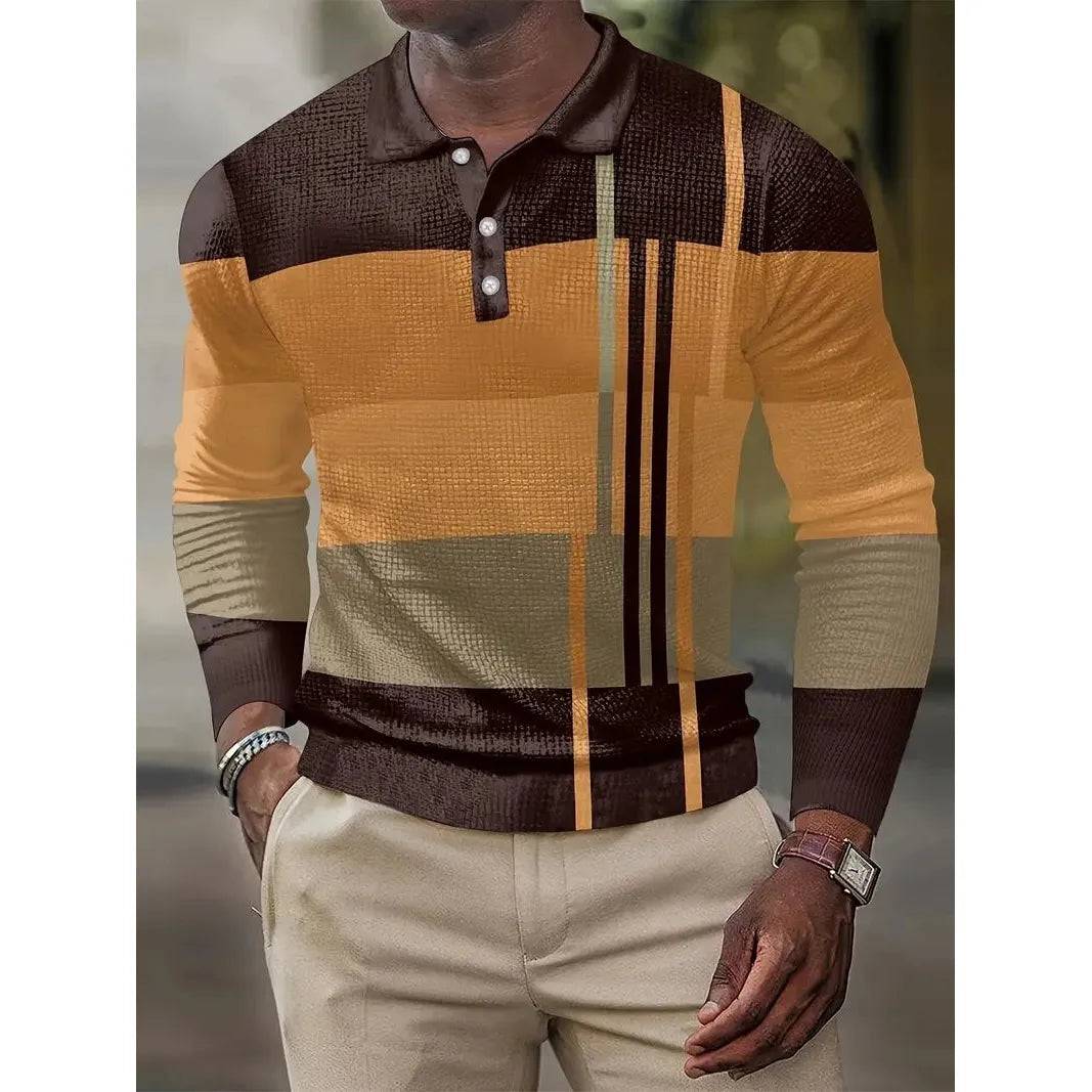 Men's  Long Sleeve Casual Stripe Stitching Polo Shirt