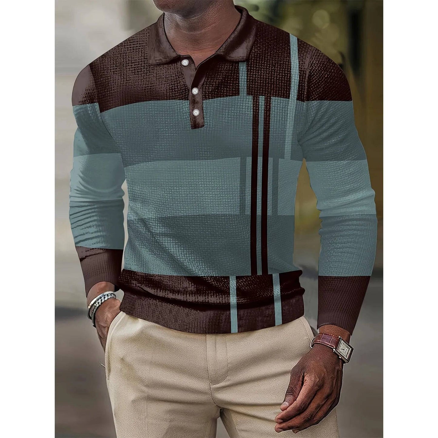 Men's  Long Sleeve Casual Stripe Stitching Polo Shirt