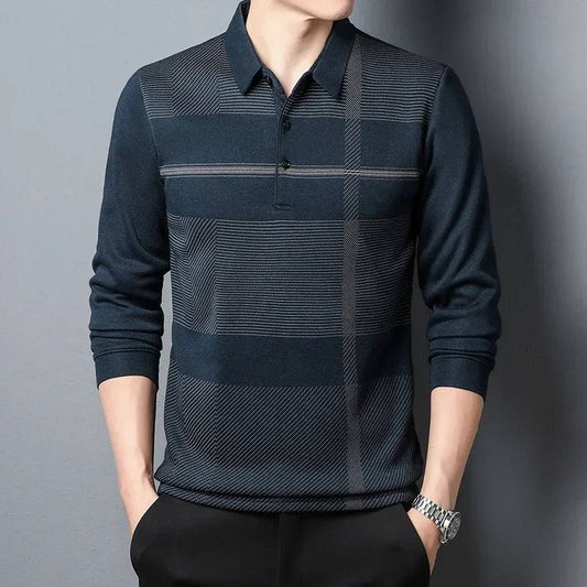 Men's Long-sleeved  Casual  Striped Lapel Polo Shirt