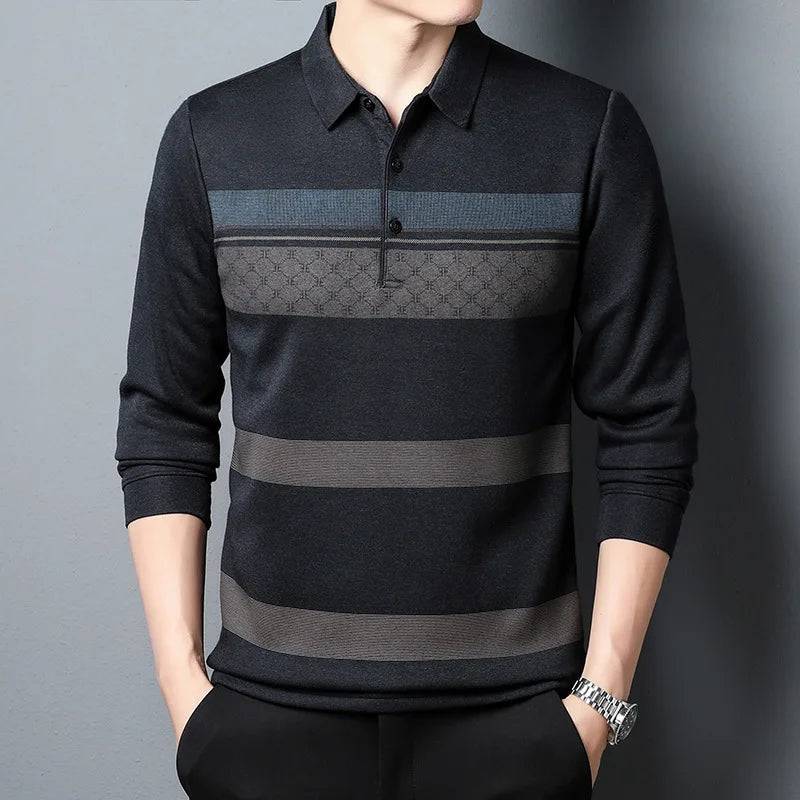 Men's Long-sleeved Business Casual Loose Striped Polo Shirt