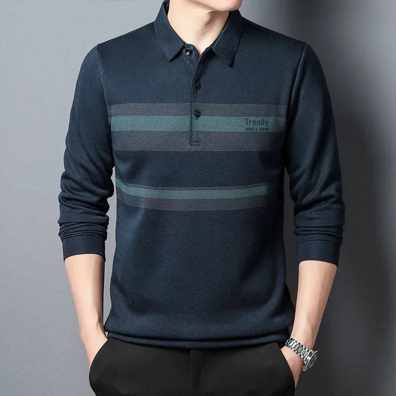 Men's Long-sleeved Business Casual Loose Striped Polo Shirt