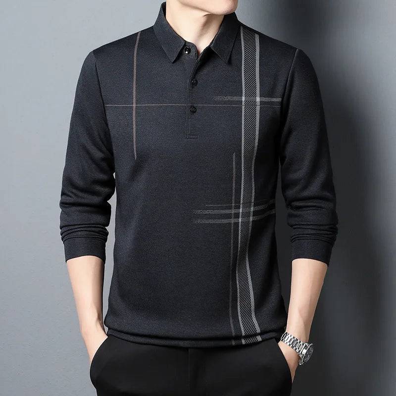 Men's Long-sleeved Business Casual Loose Striped Polo Shirt