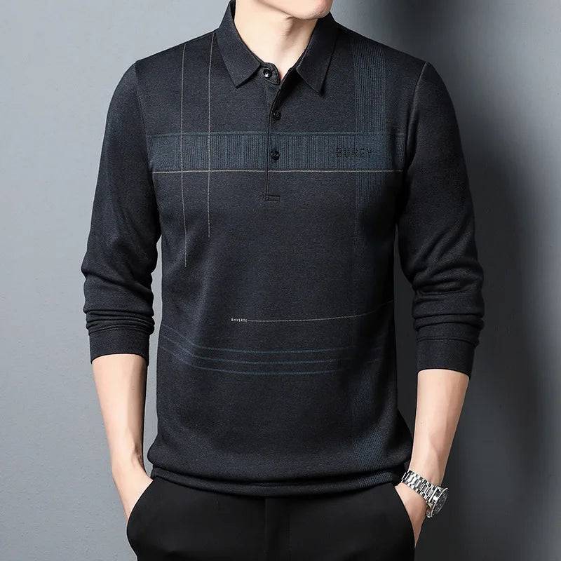 Men's Long-sleeved Business Casual Loose Striped Polo Shirt