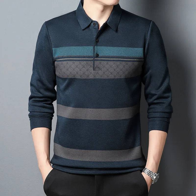 Men's Long-sleeved Business Casual Loose Striped Polo Shirt