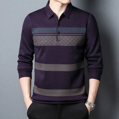 Men's Long-sleeved Business Casual Loose Striped Polo Shirt