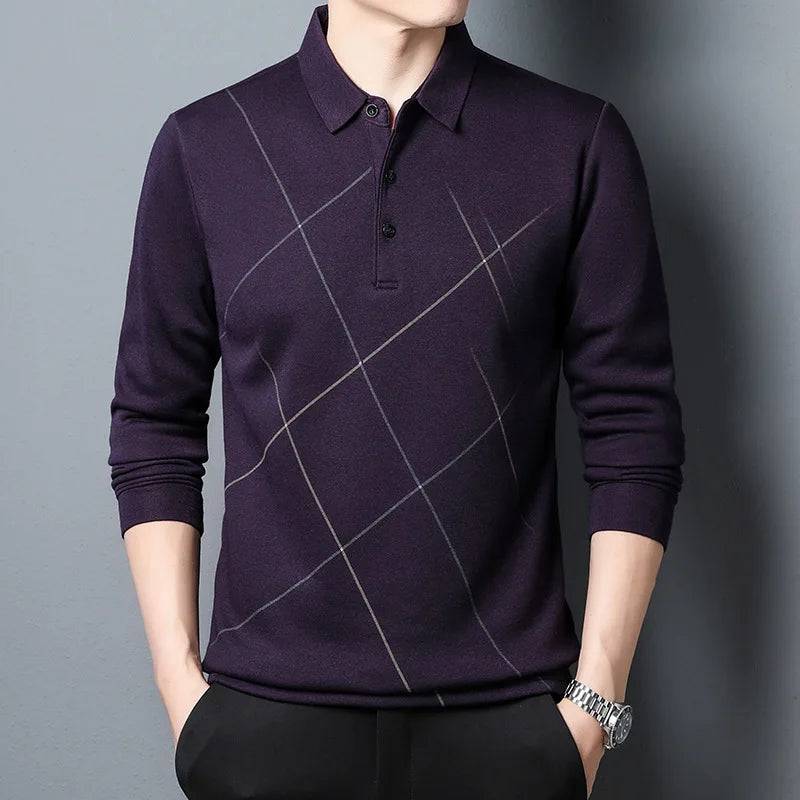 Men's Long-sleeved Business Casual Loose Striped Polo Shirt