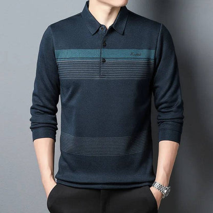 Men's Long-sleeved Business Casual Loose Striped Polo Shirt