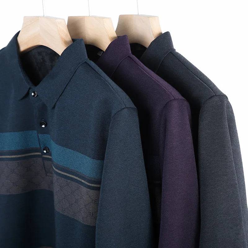 Men's Long-sleeved Business Casual Loose Striped Polo Shirt