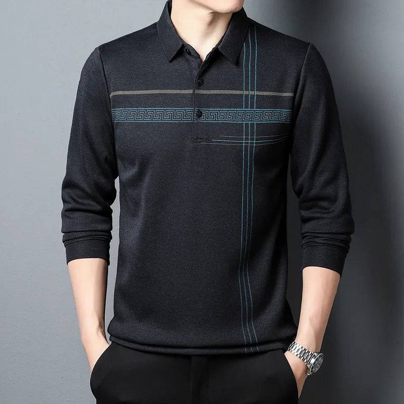 Men's Long-sleeved Business Casual Loose Striped Polo Shirt