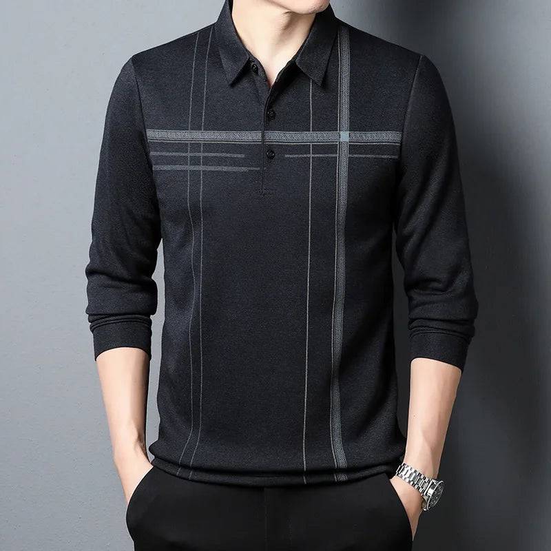 Men's Long-sleeved Business Casual Loose Striped Polo Shirt