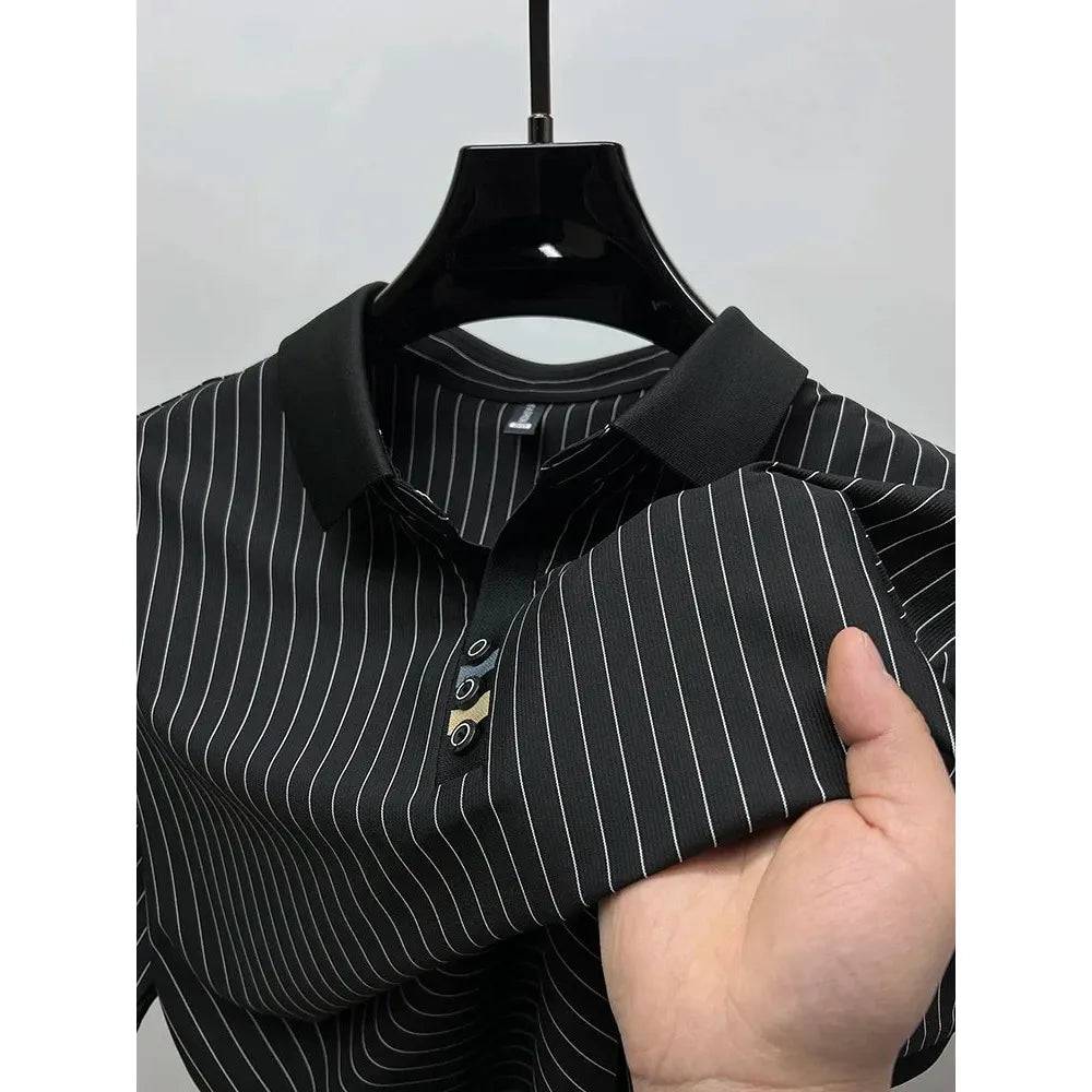 Men Ice silk vertical stripe short sleeve polo shirt