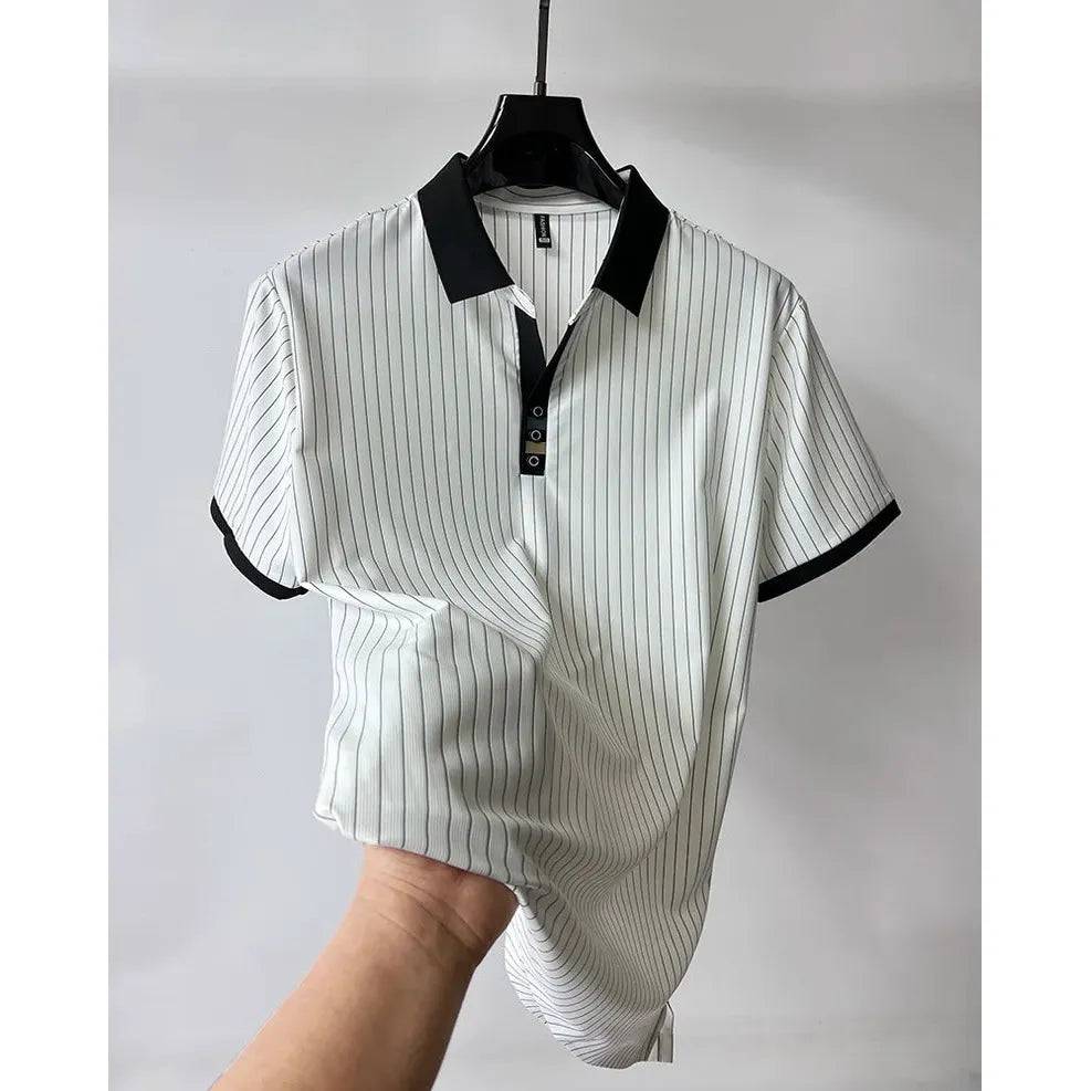 Men Ice silk vertical stripe short sleeve polo shirt