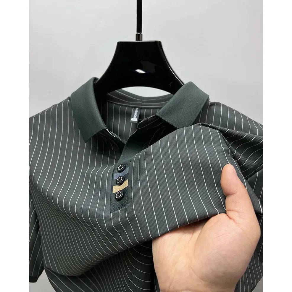 Men Ice silk vertical stripe short sleeve polo shirt