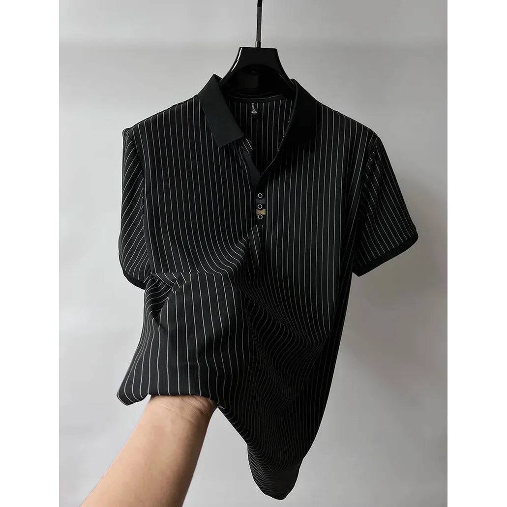 Men Ice silk vertical stripe short sleeve polo shirt
