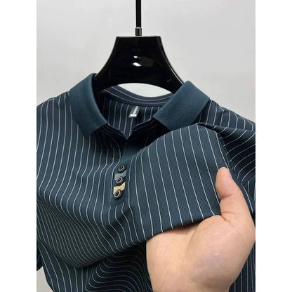 Men Ice silk vertical stripe short sleeve polo shirt