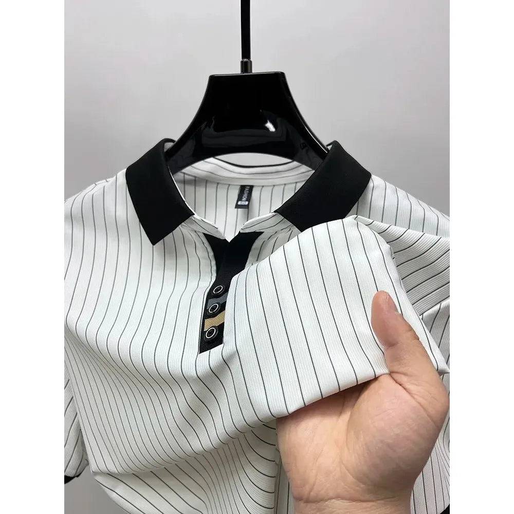 Men Ice silk vertical stripe short sleeve polo shirt