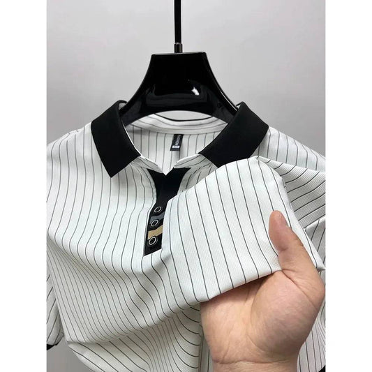 Ice silk vertical stripe short sleeve POLO shirt men