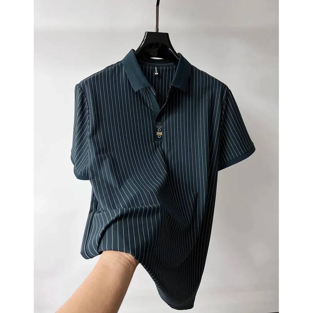 Men Ice silk vertical stripe short sleeve polo shirt
