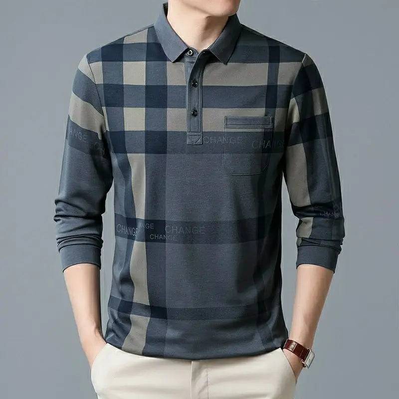 Men Striped Plaid Vintage Polo Shirts  Long Sleeve Business