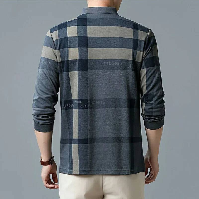 Men Striped Plaid Vintage Polo Shirts  Long Sleeve Business