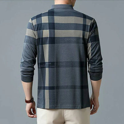 Men Striped Plaid Vintage Polo Shirts  Long Sleeve Business