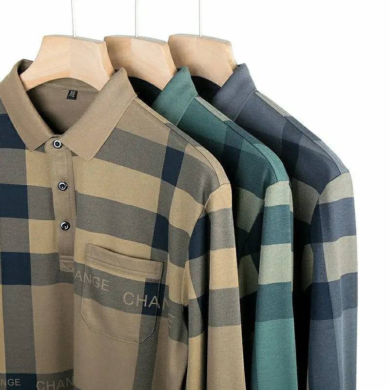 Men Striped Plaid Vintage Polo Shirts  Long Sleeve Business