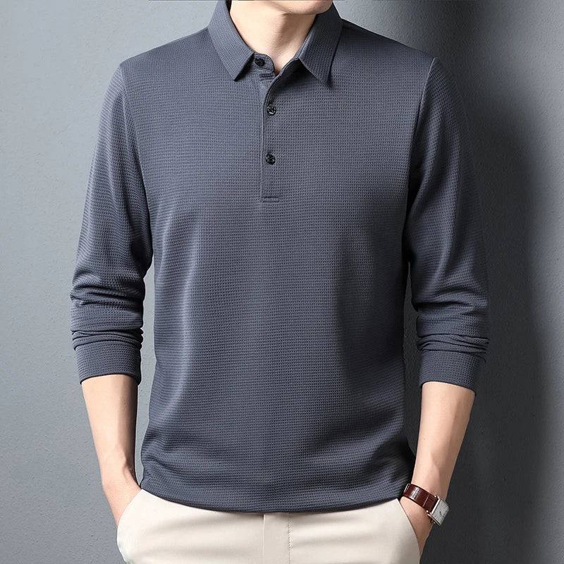 Men's Business Casual Polo Long Sleeve T-shirt Summer Comfortable  Solid Cotton Top