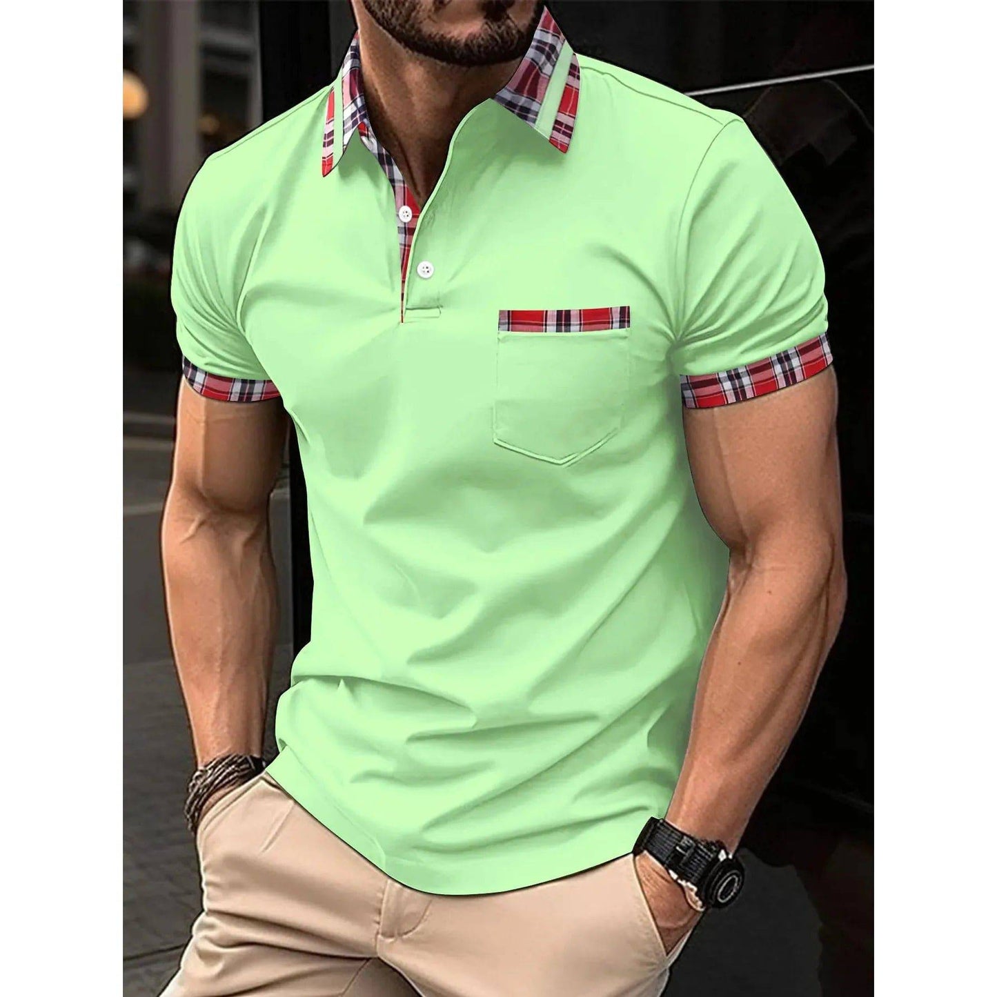 Men's Short Sleeve Plaid Collar Polo Shirt