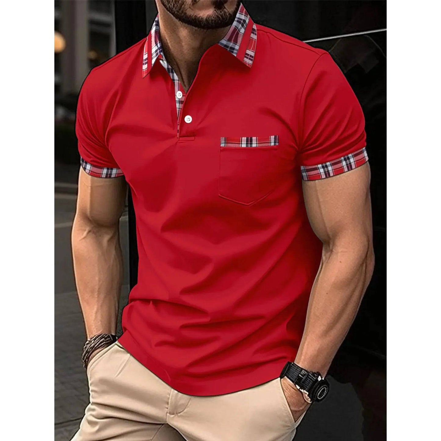 Men's Short Sleeve Plaid Collar Polo Shirt