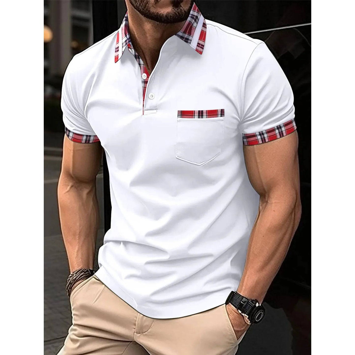 Men's Short Sleeve Plaid Collar Polo Shirt