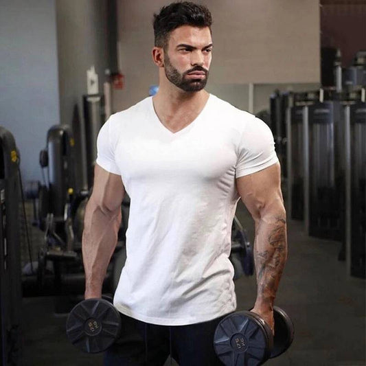 Plain Cotton Gym T-shirt Men Summer Fitness Clothing V-Neck Short Sleeve T shirt Slim Fit Tshirt Bodybuilding Workout Tees Tops