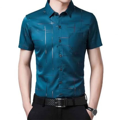 Men Striped Silky Formal Shirt Short Sleeve