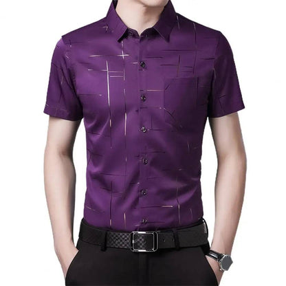 Men Striped Silky Formal Shirt Short Sleeve