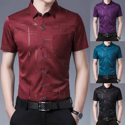 Men Striped Silky Formal Shirt Short Sleeve