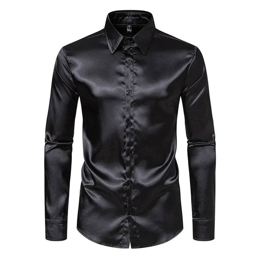 Men's Black Satin Dress Shirts Silk Smooth Tuxedo Shirt Solid Wedding Party