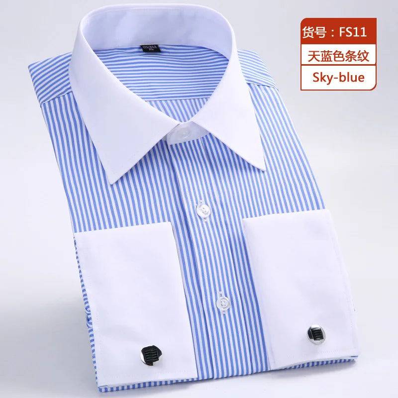 Men's Classic French Cuffs Social Dress Shirt Formal Business Standard-fit Long Sleeve Wedding Party Office Work White Shirts - Xmaker