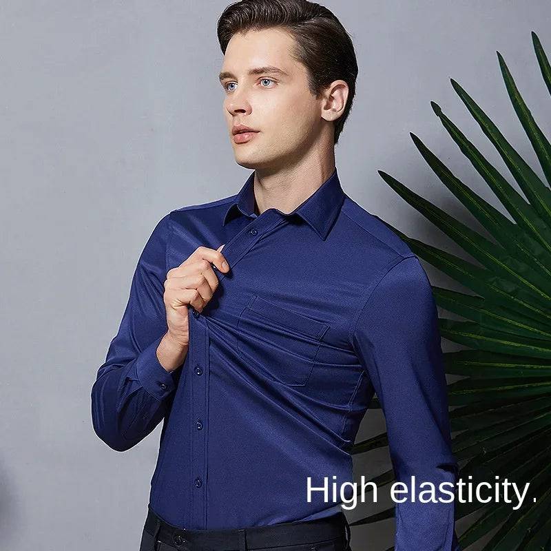 Men's long sleeved elastic shirt, non ironing business dress, professional work attire, stand up collar shirt