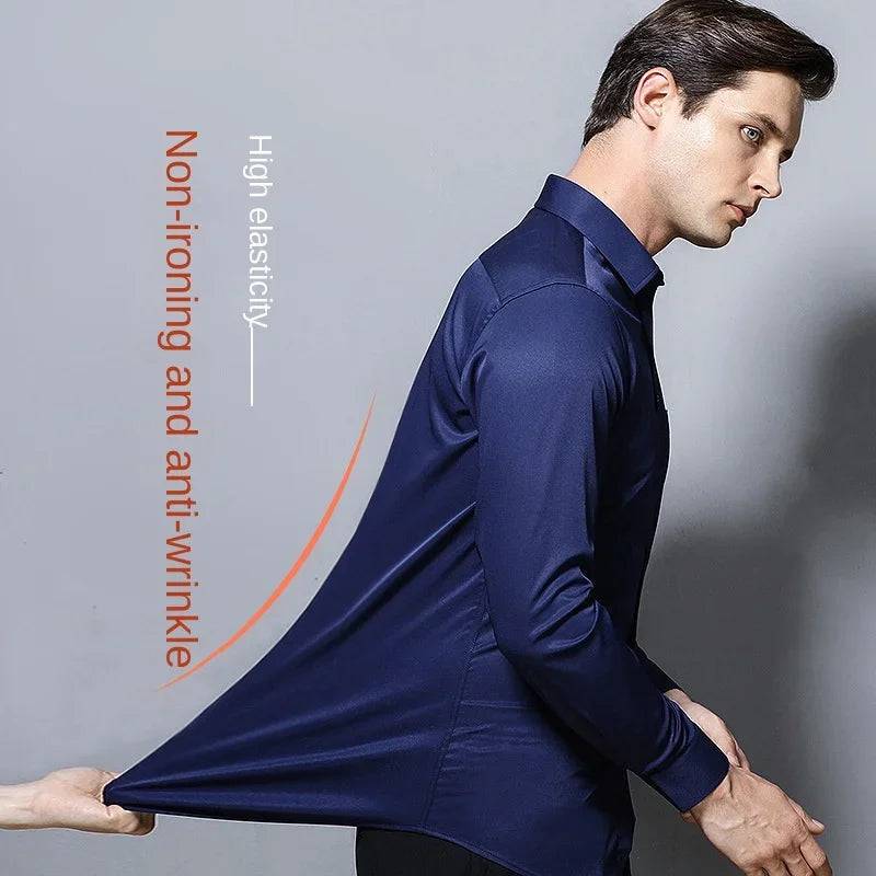 Men's long sleeved elastic shirt, non ironing business dress, professional work attire, stand up collar shirt