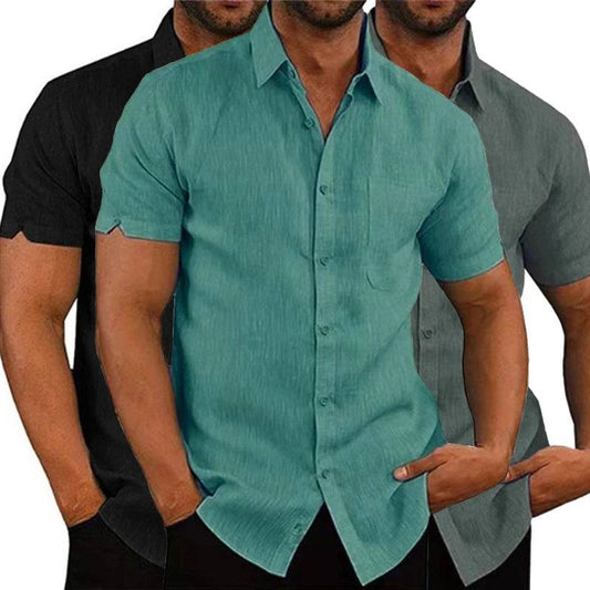 Men's Summer Cotton Linen Casual Short Sleeved Shirts Solid Turn-Down Collar