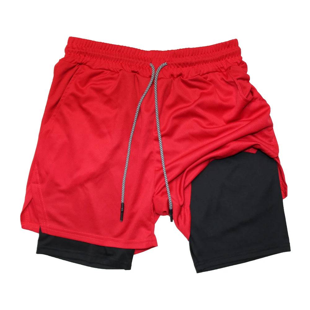 Men's Double Layer Fitness Shorts Men Fitness Gym Training 2 in 1 Sports Shorts Quick Dry Workout Jogging Double Deck Summer