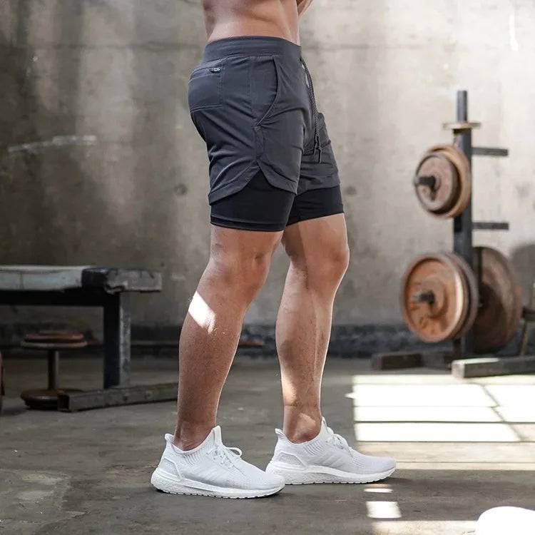 Men's Double Layer Fitness Shorts Men Fitness Gym Training 2 in 1 Sports Shorts Quick Dry Workout Jogging Double Deck Summer