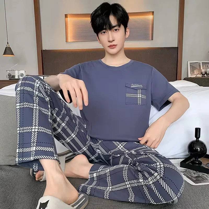 Summer Soft Cotton Pajamas Set for Men O-neck Pajamas Short Sleeved Plaid Pants Home Suit Plus Size L-4XL - Xmaker