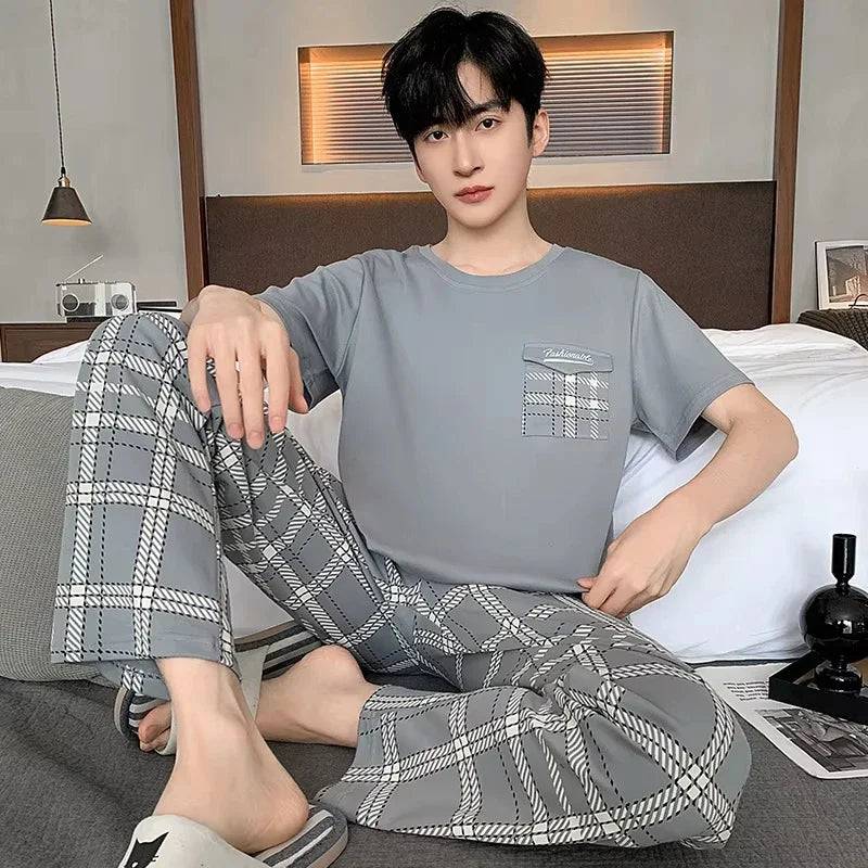 Summer Soft Cotton Pajamas Set for Men O-neck Pajamas Short Sleeved Plaid Pants Home Suit Plus Size L-4XL - Xmaker