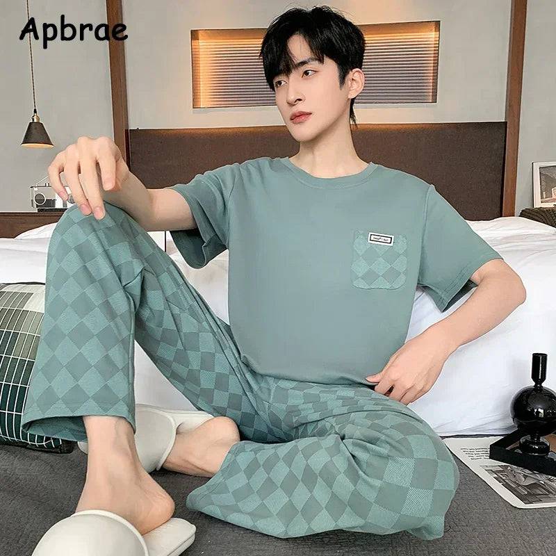 Summer Soft Cotton Pajamas Set for Men O-neck Pajamas Short Sleeved Plaid Pants Home Suit Plus Size L-4XL - Xmaker